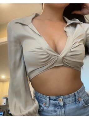 Zara Draped Twist-Front Cropped Blouse in Light Taupe